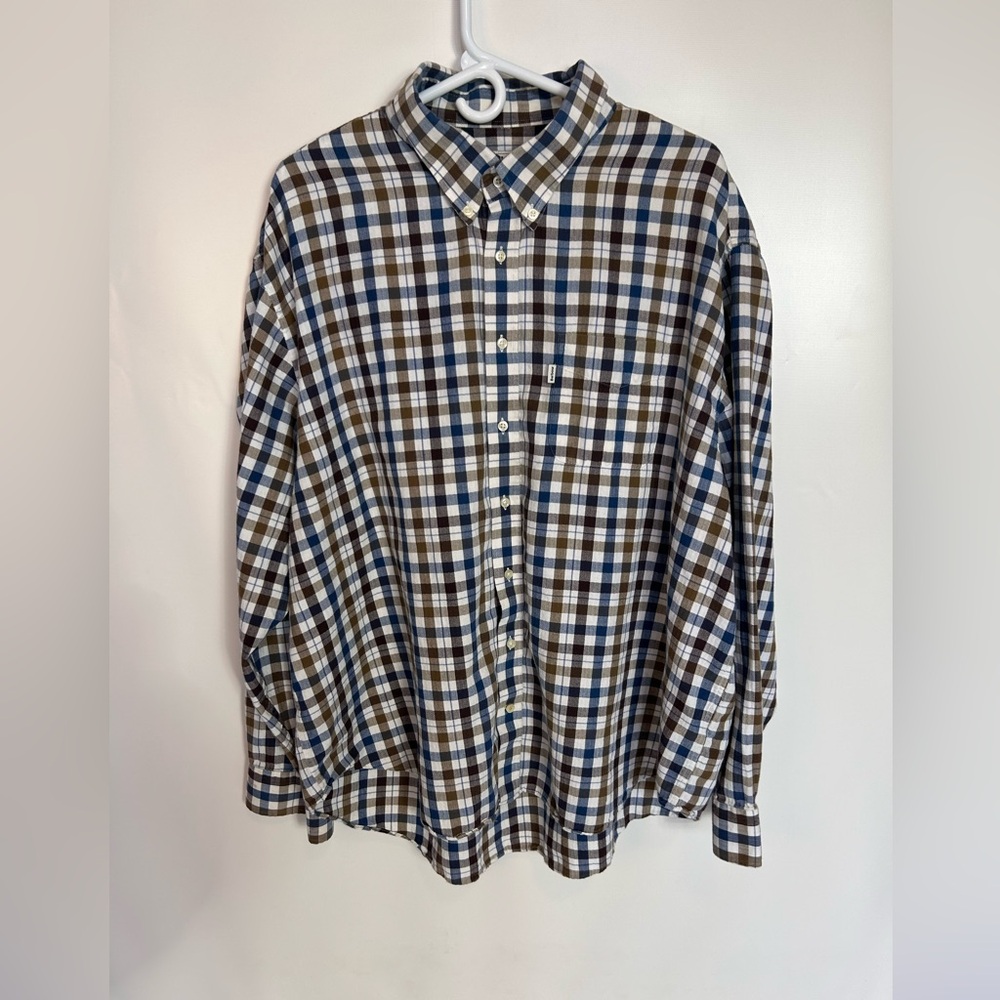 Barbour Men's Checkered Shirt - Navy, Chocolate, and Ivory Size 2XL‎